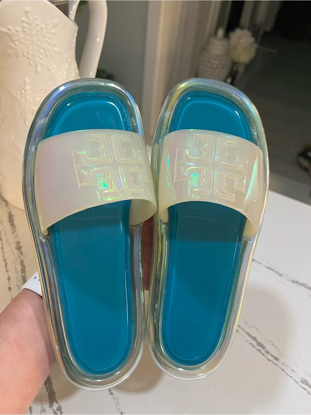 Tory Burch Green Teal Footbed Iridescent Slide Sandals size 7